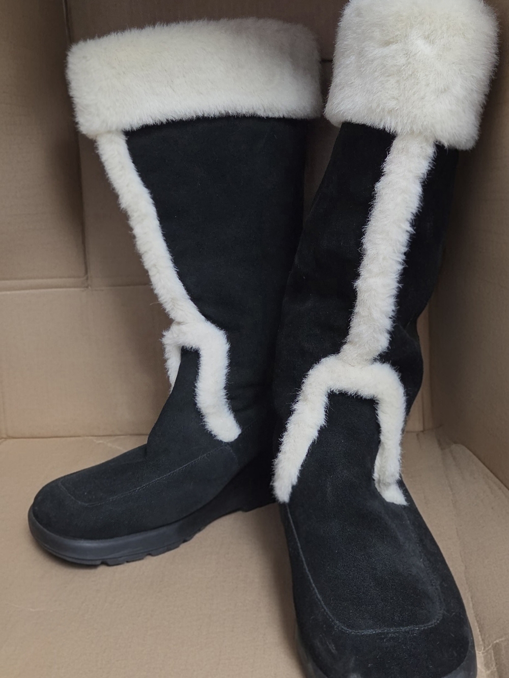 AEROSOLES Black Suede Tall Winter Boots with Cream Shearling Trim